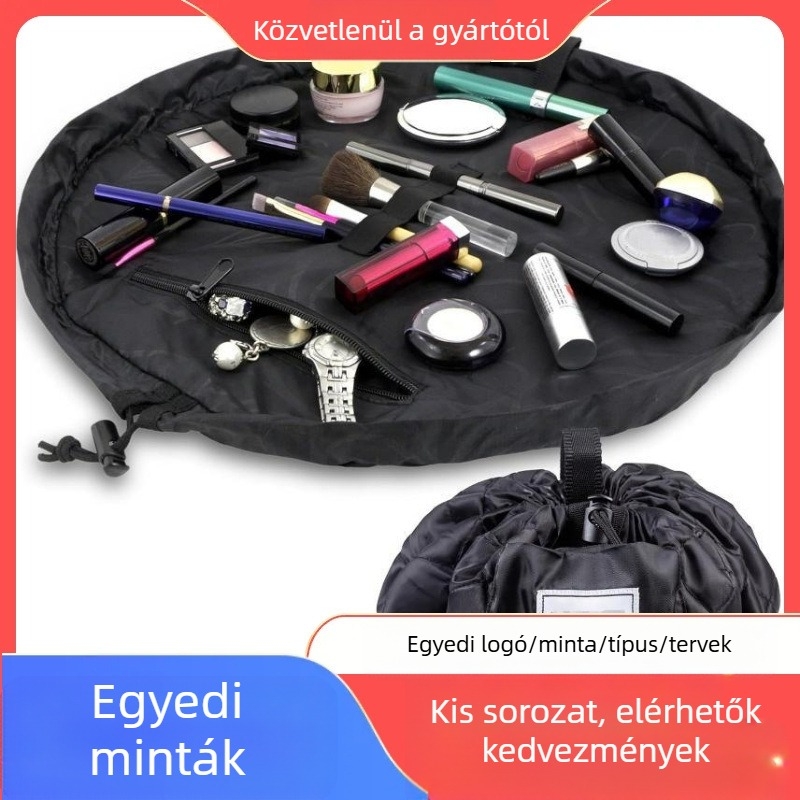 Sminkes táska kefetárolóval, nagy kapacitású utazótáska, húzószsinóros zárás, poliészter anyag, uniszex kialakítás