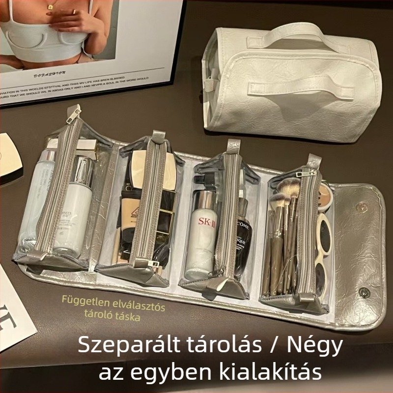 Nagy kapacitású kozmetikai táska vízálló, hajtogatható elválasztóval, PU anyagból készült, utazáshoz