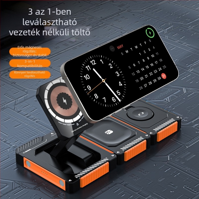 Mágneses 15W vezeték nélküli töltő összecsukható 3-in-1 telefonállvánnyal, kompatibil iPhone 15/16