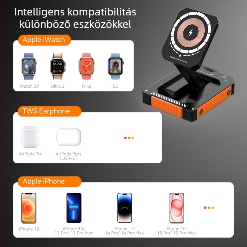 Mágneses 15W vezeték nélküli töltő összecsukható 3-in-1 telefonállvánnyal, kompatibil iPhone 15/16