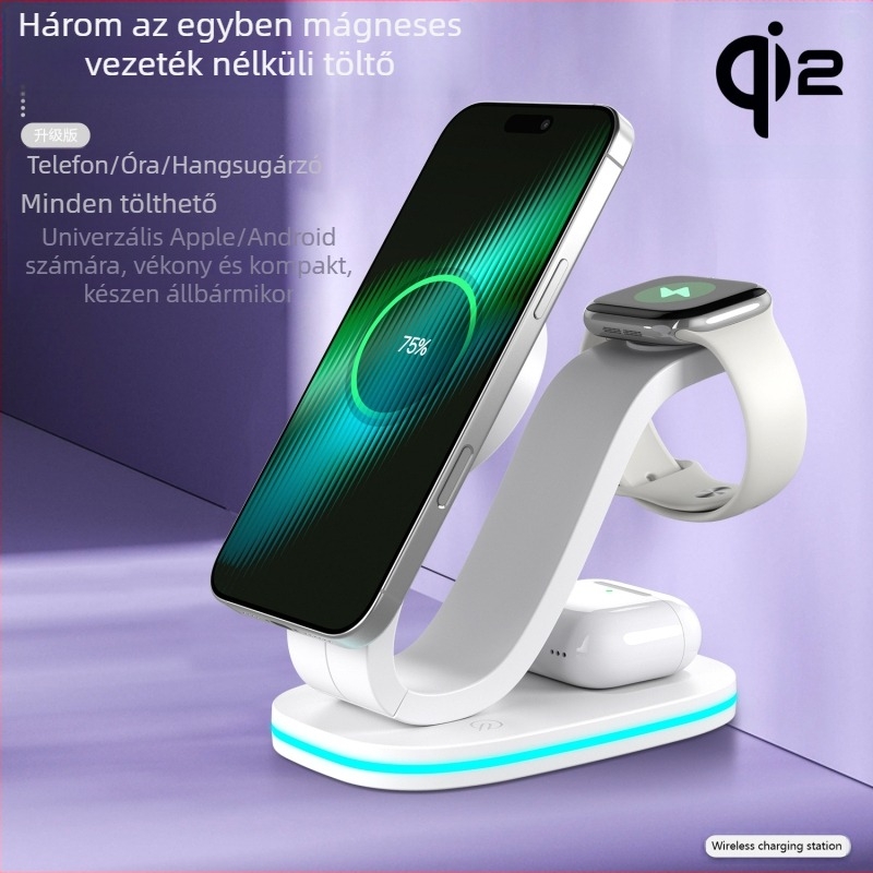 Qi2 mágneses vezeték nélküli töltő – három az egyben asztali töltő iPhone-hoz, Qi2 tanúsított, QC2.0, 9V1.66A, 18W max