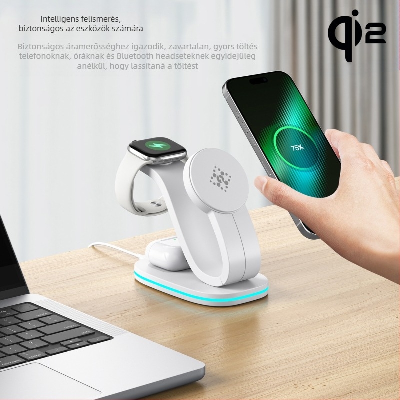 Qi2 mágneses vezeték nélküli töltő – három az egyben asztali töltő iPhone-hoz, Qi2 tanúsított, QC2.0, 9V1.66A, 18W max