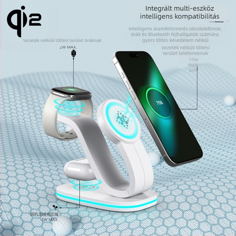 Qi2 mágneses vezeték nélküli töltő – három az egyben asztali töltő iPhone-hoz, Qi2 tanúsított, QC2.0, 9V1.66A, 18W max