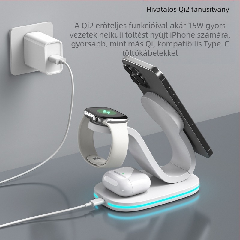 Qi2 mágneses vezeték nélküli töltő – három az egyben asztali töltő iPhone-hoz, Qi2 tanúsított, QC2.0, 9V1.66A, 18W max