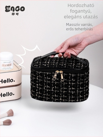 Női kozmetikai táska városi minimalista stílusban, poliészter, kockás minta, vászon bélés