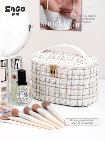 Női kozmetikai táska városi minimalista stílusban, poliészter, kockás minta, vászon bélés