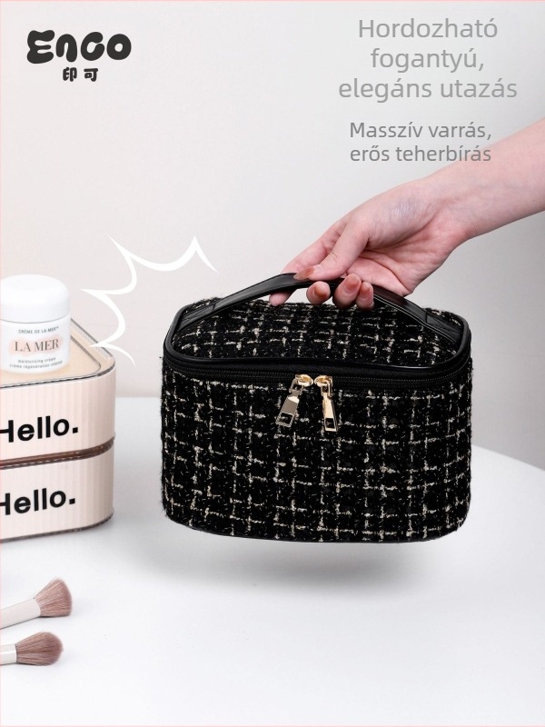 Női kozmetikai táska városi minimalista stílusban, poliészter, kockás minta, vászon bélés