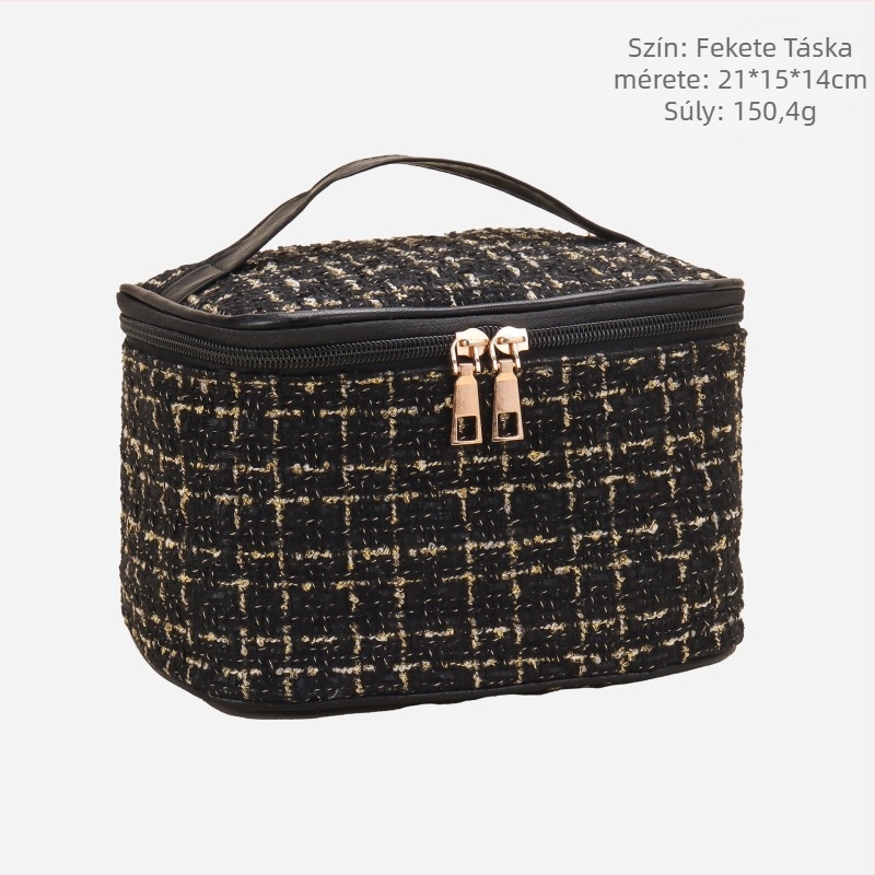 Női kozmetikai táska városi minimalista stílusban, poliészter, kockás minta, vászon bélés