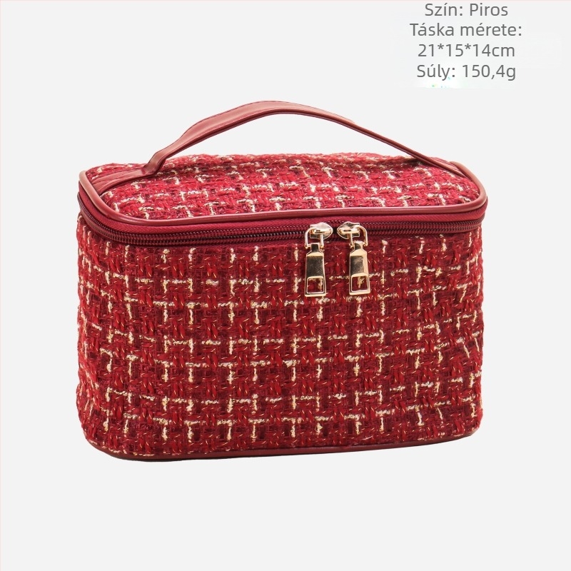 Női kozmetikai táska városi minimalista stílusban, poliészter, kockás minta, vászon bélés