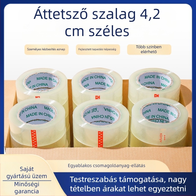 Csomagoló szalag BOPP filmmel, 52 μm vastagság, víz alapú ragasztó, erős tapadás, hőmérséklet-tartomány -20…40°C