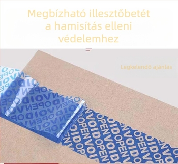 Csomagoló szalag hamisítás elleni, testreszabható szöveges tartalommal, védelem a hamisítás és a felnyitás ellen, 50 μm vastagság, Bopp alapú, olaj alapú ragasztó, viszkozitás 12N, statikus súrlódási idő 1440 perc