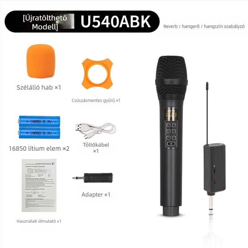 KTV/ élő közvetítésre szánt mikrofon, modell U540B - frekvenciatartomány 20 Hz–20 kHz, SNR ≥95 dB, cserélhető 1000–1200 mAh-s akkumulátor, 3–6 óra üzemidő