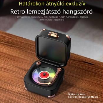 Retro Bluetooth hangszóró TF-kártyával és mini vinil lemez-dizájnnal, USB-tápellátás, 5W, Bluetooth 5.3, 40Hz-20kHz, SNR ≥60dB, beépített 1000-1200mAh akkumulátor, multicolor LED fények