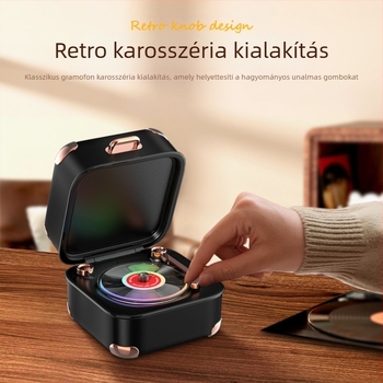 Retro Bluetooth hangszóró TF-kártyával és mini vinil lemez-dizájnnal, USB-tápellátás, 5W, Bluetooth 5.3, 40Hz-20kHz, SNR ≥60dB, beépített 1000-1200mAh akkumulátor, multicolor LED fények