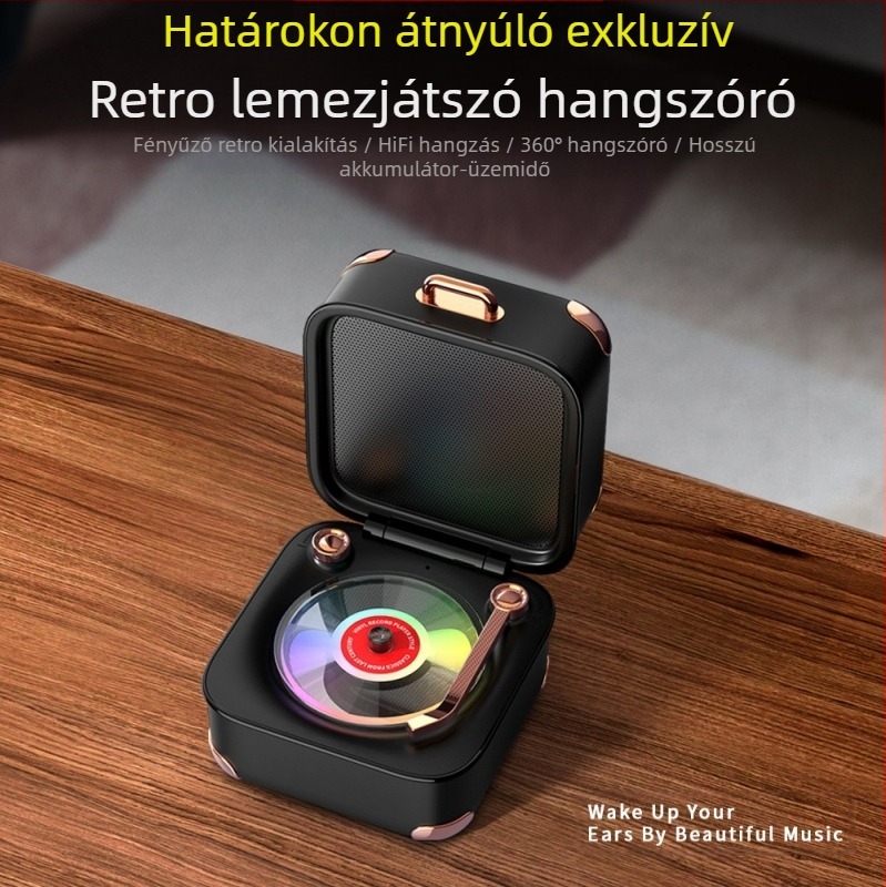 Retro Bluetooth hangszóró TF-kártyával és mini vinil lemez-dizájnnal, USB-tápellátás, 5W, Bluetooth 5.3, 40Hz-20kHz, SNR ≥60dB, beépített 1000-1200mAh akkumulátor, multicolor LED fények