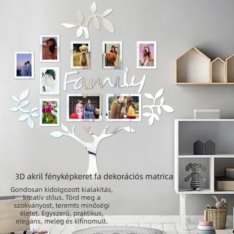 Fali dekoráció – 3D akril fotókeretfa, önragasztó és beilleszthető fotó, modern 3D stílus, nappali és hálószoba számára, több mint 5 panel