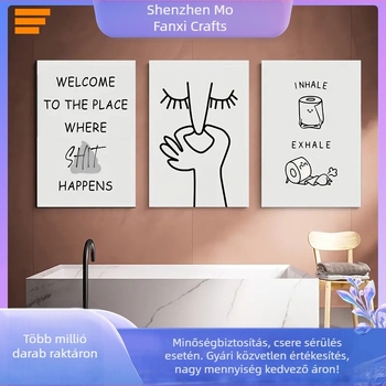 Keret nélküli absztrakt vászonkép fürdőszobába, modern minimalist stílus, fekete-fehér betűkkel