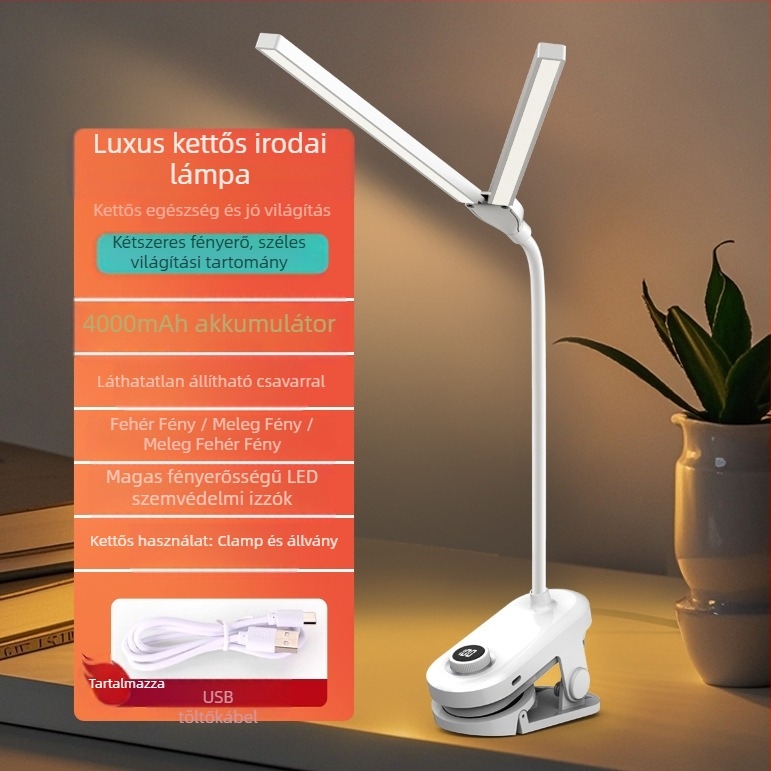 Klipszes asztali lámpa kettős fejjel, újratölthető és hálózatról üzemelő, intelligens vezérlés, CRI ≥90