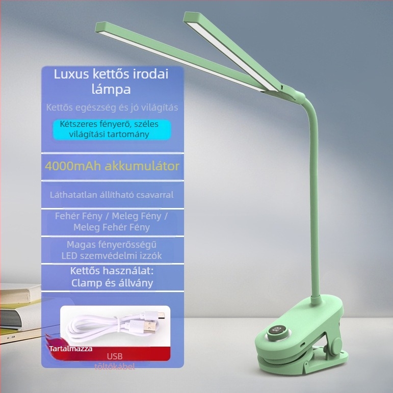 Klipszes asztali lámpa kettős fejjel, újratölthető és hálózatról üzemelő, intelligens vezérlés, CRI ≥90