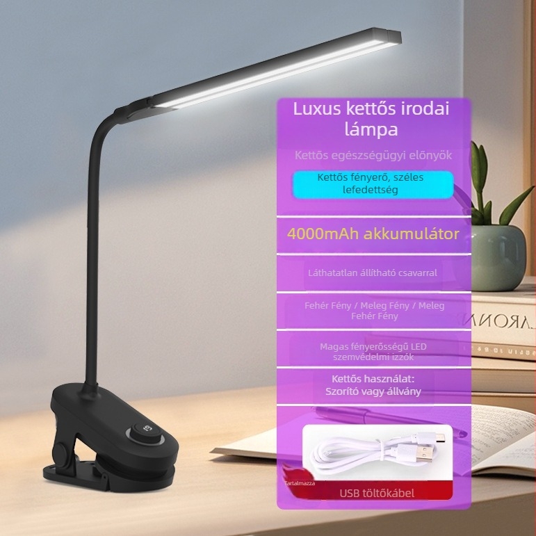 Klipszes asztali lámpa kettős fejjel, újratölthető és hálózatról üzemelő, intelligens vezérlés, CRI ≥90