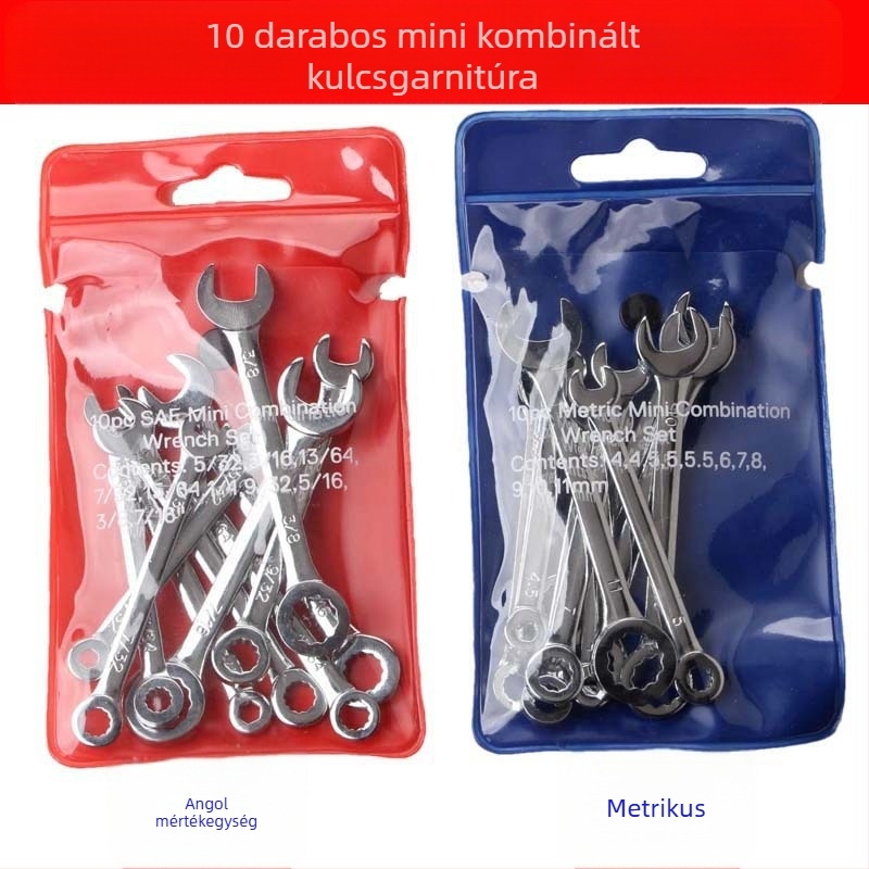10 darabos mini nyitott végű kettős használatú kulcskészlet, méteres és hüvelykes méretekhez, karbonacélból, tömeg 0,13 kg