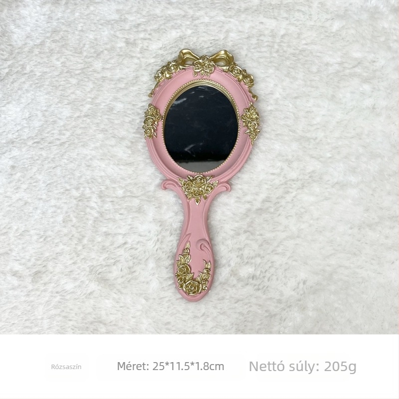 Kézi tükör gyanta keretben, ovális formájú, európai retro Barokk stílus, ezüst tükrös felület.