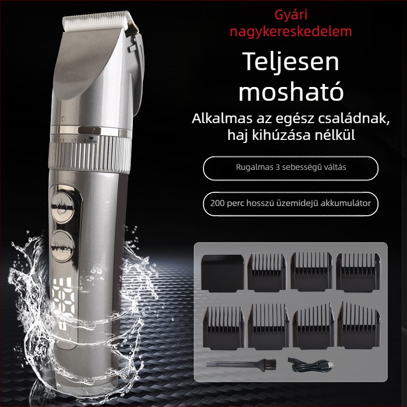 LCD kijelzős elektromos hajvágó, kerámiakefejjel, vízálló, beépített 1200–2000 mAh-s akkumulátor, üzemidő 1–3 óra