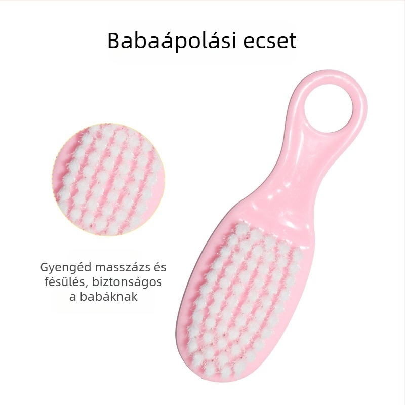 Babaápolási készlet: nyolcrészes körömvágó készlet ollóval, kefékkel, fésűkkel, orrszívóval, EVA csomagolással — műanyag + rozsdamentes acél