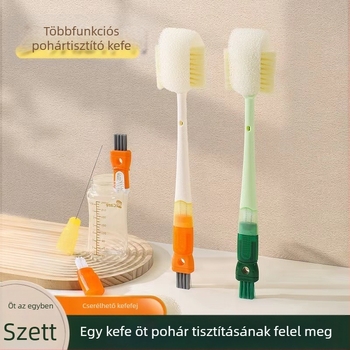 Hosszú fogantyújú pohártisztító kefe, 5 az 1-ben, sokoldalú szivacsos tisztító poharakhoz és üvegekhez