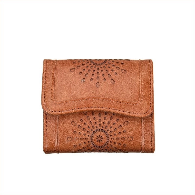 Női PU bőr háromrészes összecsukható pénztárca-clutch, retro olajos felülettel, egyszínű mintázat, bélés PU, bővítés, 2023 nyár