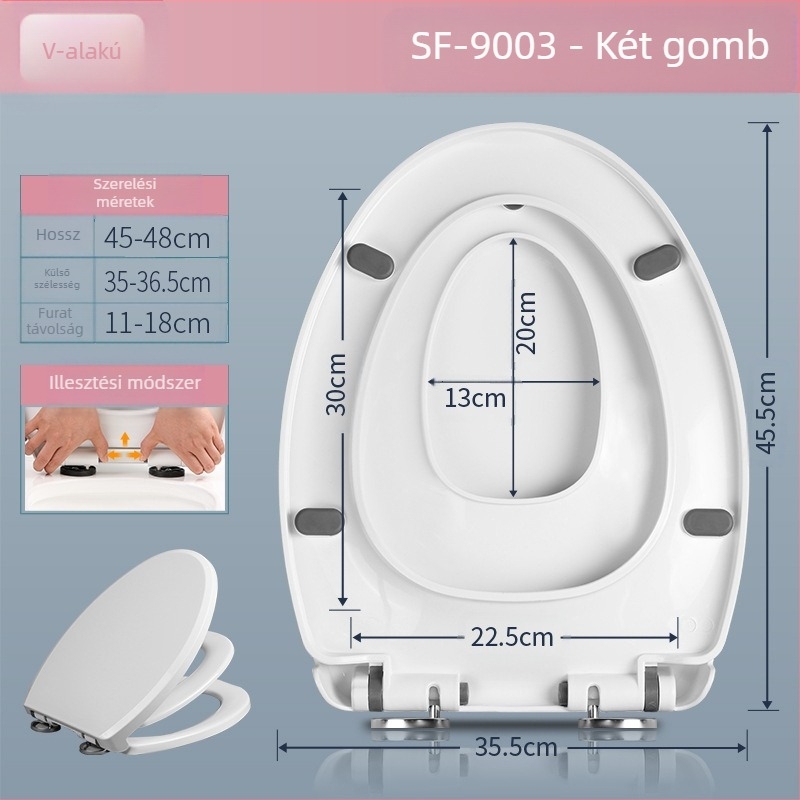 Univerzális WC-fedél puha zárással, felnőtteknek és gyerekeknek, PP lemez anyag, lyukak közötti távolság 11–18 cm, általános szerelési mód