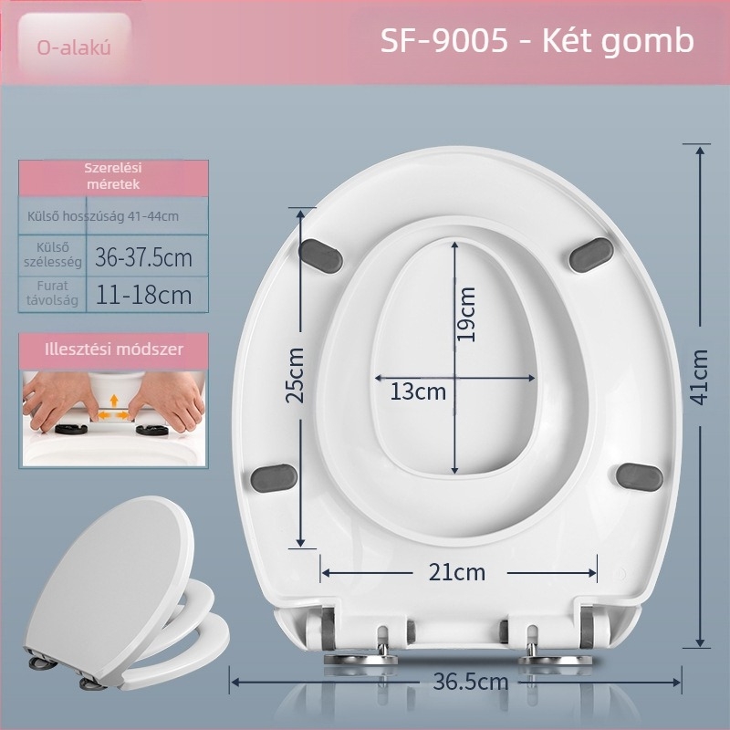Univerzális WC-fedél puha zárással, felnőtteknek és gyerekeknek, PP lemez anyag, lyukak közötti távolság 11–18 cm, általános szerelési mód