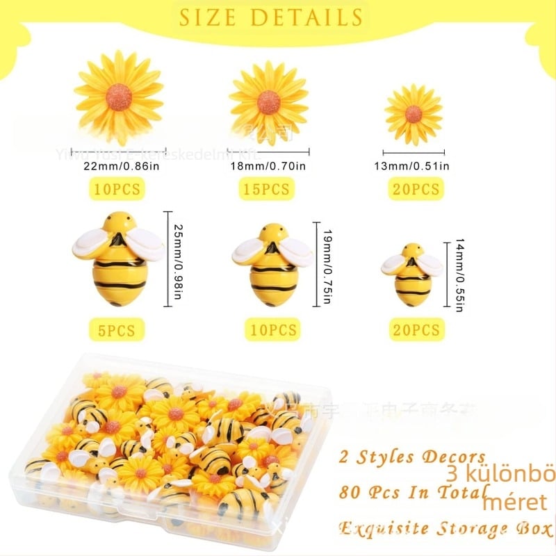 DIY ékszerkészlet – gyanta díszek méh, margaréta és napraforgó motívumokkal, olajcseppes felületkezelés, 20 db, dobozos csomagolás