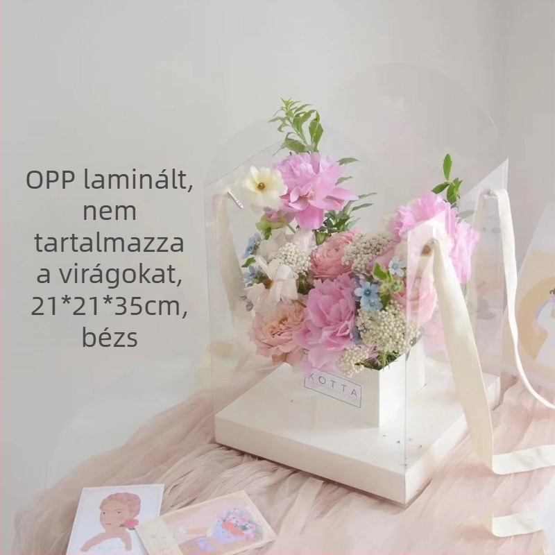 Négyszögletes PVC átlátszó virágtartó doboz kézi fogantyúval, ajándék- és virágcsomagoláshoz, Modell 07766, PVC + karton, 120 db dobozonként