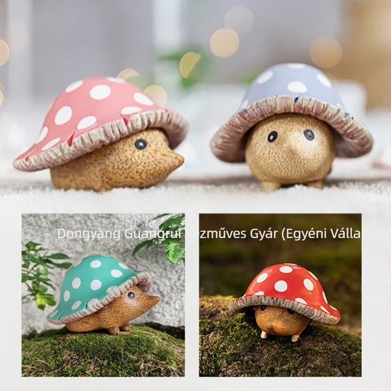 Kerti díszfigura gomba formájú egérrel — gyanta, rajzfilmszerű stílus, szobrászat