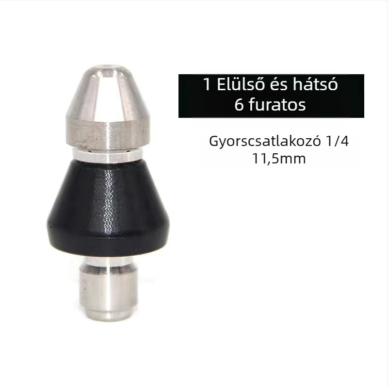 Rozsdamentes acél szennyvízcső tisztító fúvóka, 1/4 hüvelykes gyorscsatlakozás, 6 fúvóka