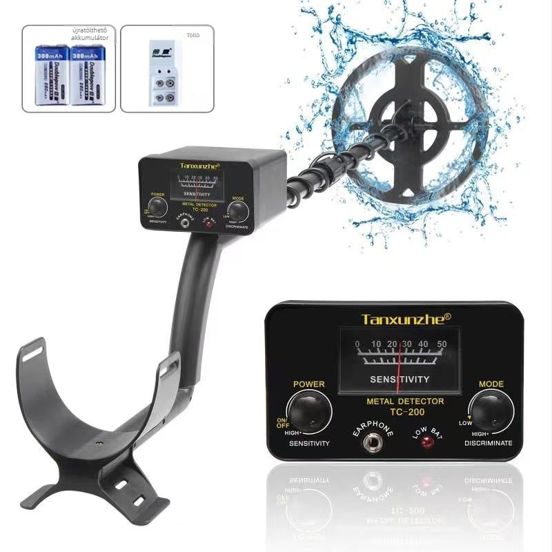 Tanxunzhe TC-200 föld alatti fémdetektor kincsvadásatra, modellek TC-200/TC-300, 9V tápegység, hangriasztás, detektálási tartomány 1–25 cm, érme méretű célpontok, súly 1300 g