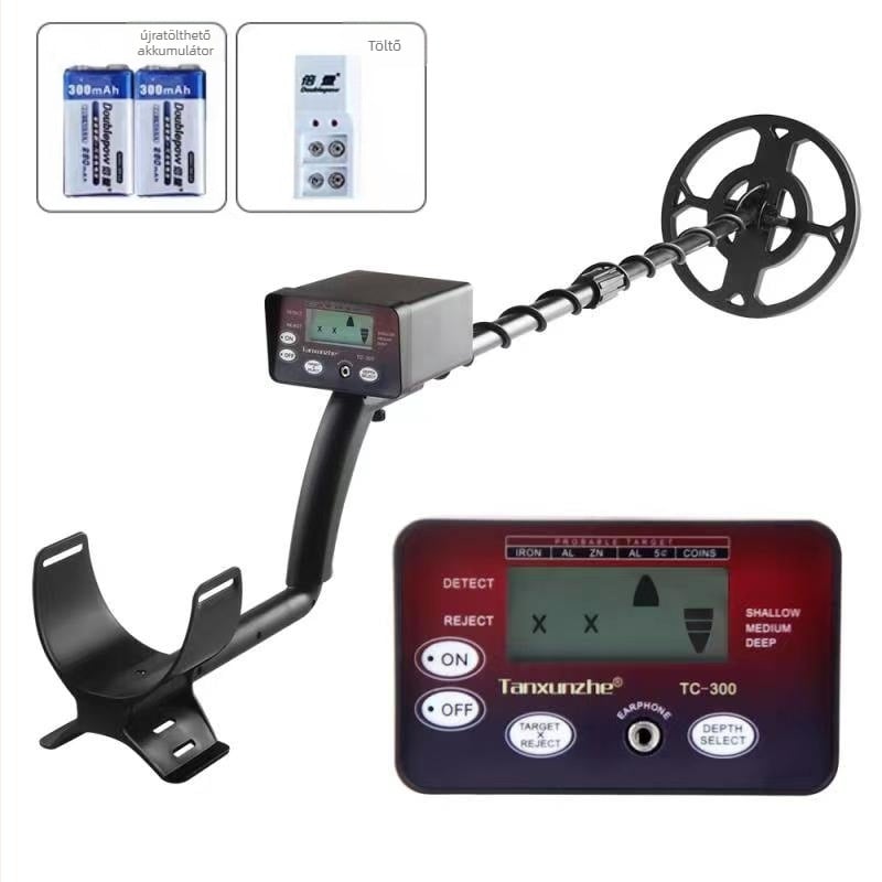 Tanxunzhe TC-200 föld alatti fémdetektor kincsvadásatra, modellek TC-200/TC-300, 9V tápegység, hangriasztás, detektálási tartomány 1–25 cm, érme méretű célpontok, súly 1300 g