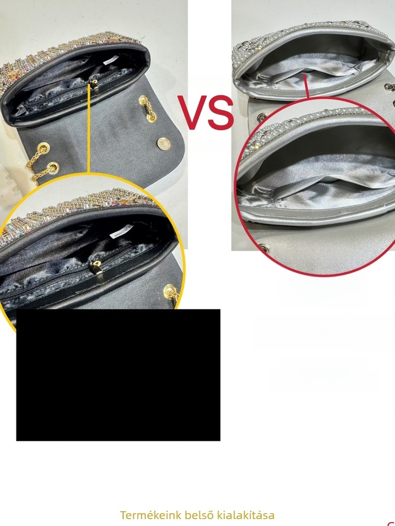 PU anyagú rhinestone estélyi clutch, kis négyzet alakú forma, belső zsebek telefonra és ID kártyára, fedeles zárás
