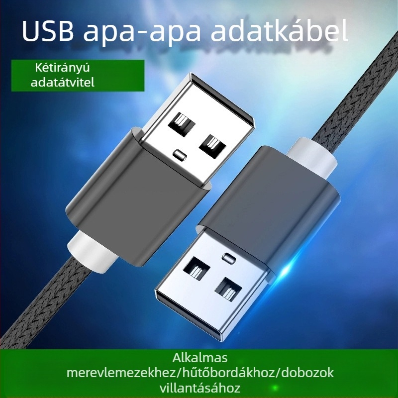 Szövött USB-A-USB-A adatkábel, kettős véggel, 1-2 m hosszú, USB 2.0, gyorstöltés