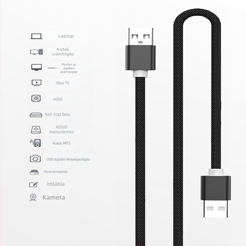 Szövött USB-A-USB-A adatkábel, kettős véggel, 1-2 m hosszú, USB 2.0, gyorstöltés