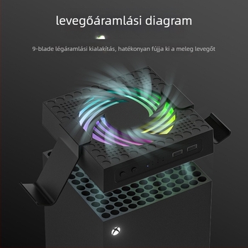 Xbox Series X hűtőventilátor RGB világítással, porálló kialakítás, USB-s táplálás, automatikus légsebesség-szabályozás és szerelhető kampó.