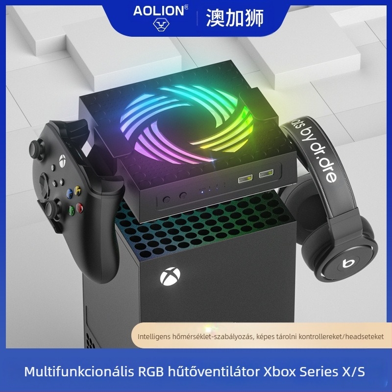 Xbox Series X hűtőventilátor RGB világítással, porálló kialakítás, USB-s táplálás, automatikus légsebesség-szabályozás és szerelhető kampó.