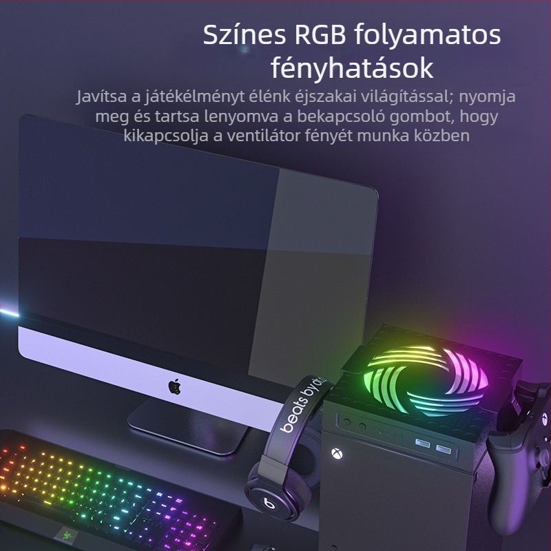 Xbox Series X hűtőventilátor RGB világítással, porálló kialakítás, USB-s táplálás, automatikus légsebesség-szabályozás és szerelhető kampó.