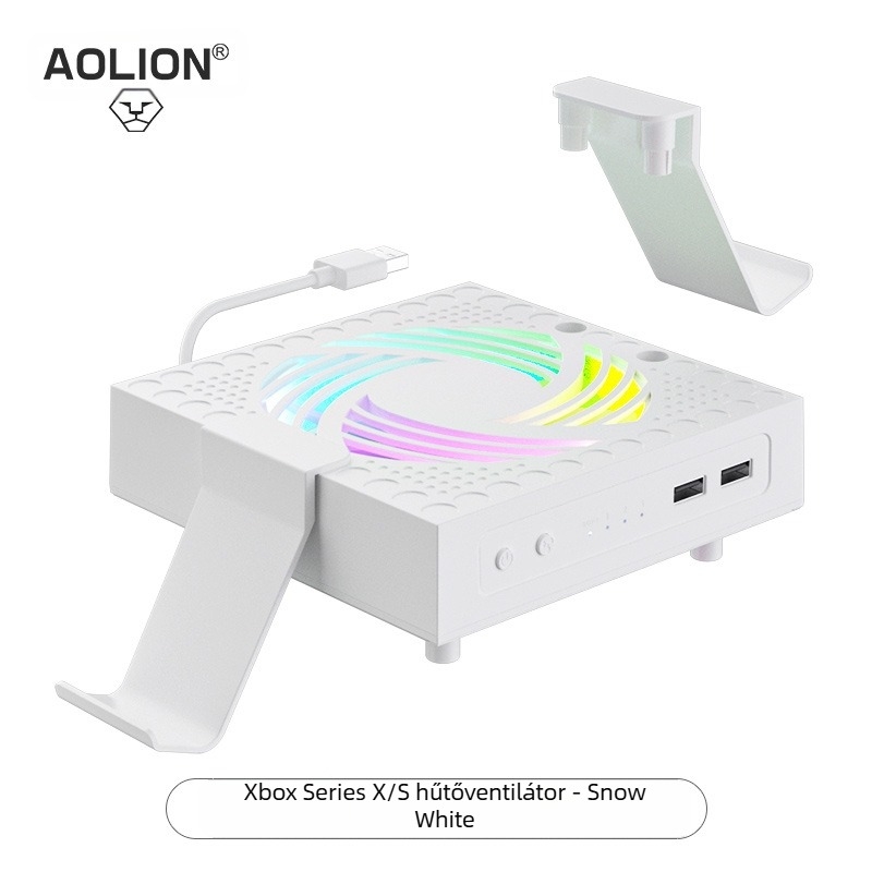 Xbox Series X hűtőventilátor RGB világítással, porálló kialakítás, USB-s táplálás, automatikus légsebesség-szabályozás és szerelhető kampó.