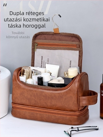 Férfiak számára kettős rétegű utazási kozmetikai táska kampóval, PU anyagú, vízálló