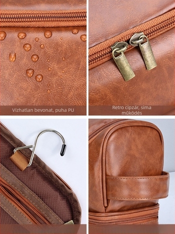 Férfiak számára kettős rétegű utazási kozmetikai táska kampóval, PU anyagú, vízálló