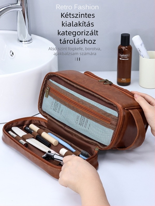 Férfiak számára kettős rétegű utazási kozmetikai táska kampóval, PU anyagú, vízálló