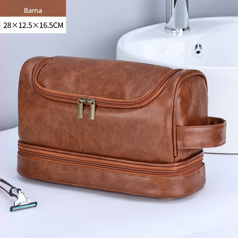 Férfiak számára kettős rétegű utazási kozmetikai táska kampóval, PU anyagú, vízálló