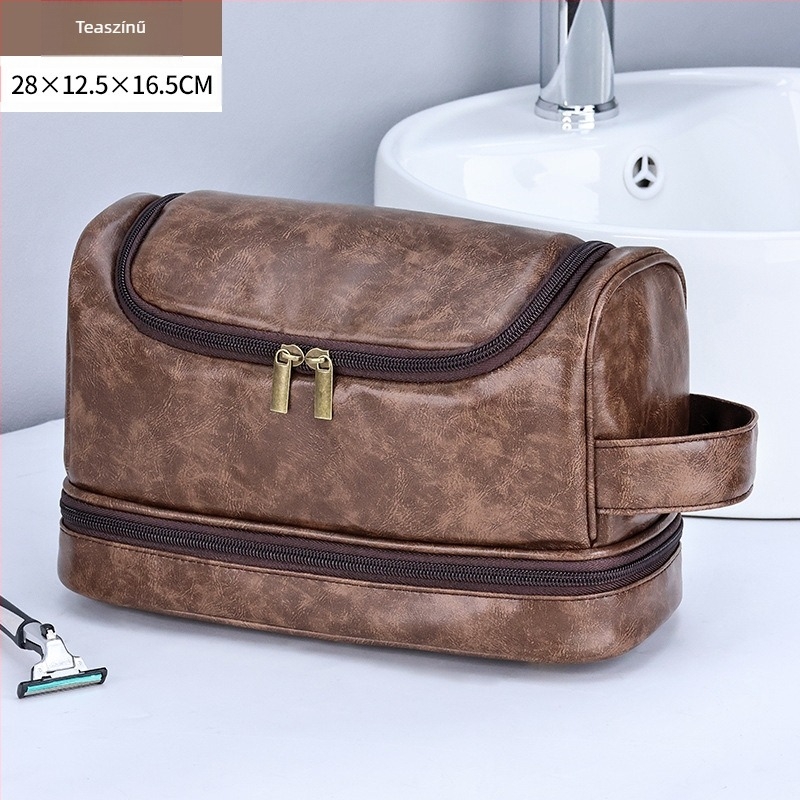 Férfiak számára kettős rétegű utazási kozmetikai táska kampóval, PU anyagú, vízálló